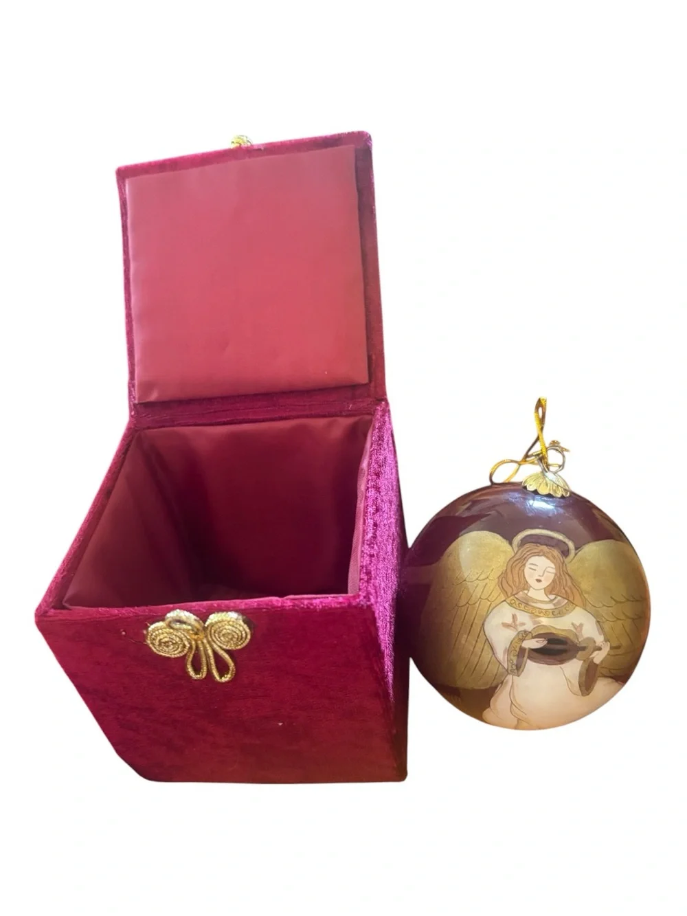 Pier 1 Burgundy Velvet Gift Box with Gold-Accented Angel Ornament NIB